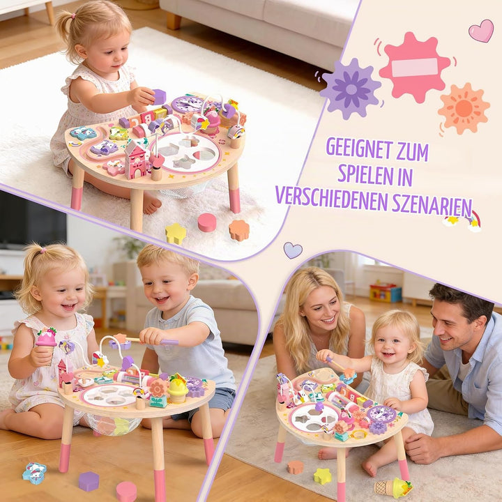 Montessori Aktivitätstisch aus Holz 10-in-1 Einhorn ab 18 Monate | Greifen, Sortieren, Drehen und Sc
