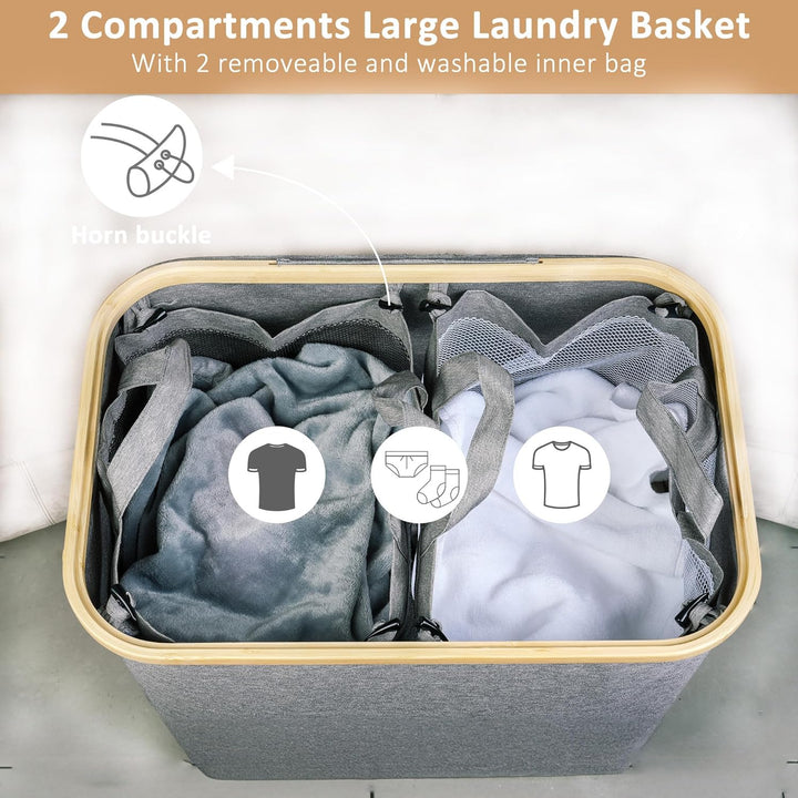 iEGrow Wäschekorb 2 Fächer 150L, Grosse Wäschekörbe für Wäsche mit herausnehmbaren und waschbaren In
