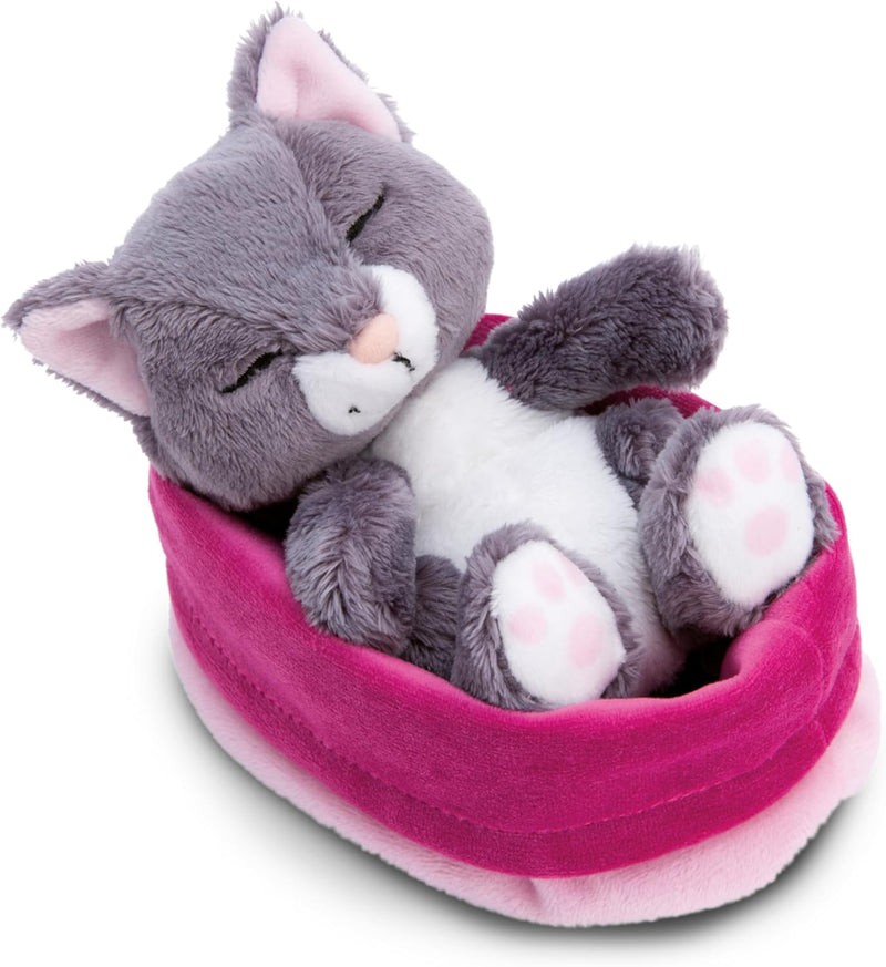 NICI Kuscheltier Katze grau 12cm schlafend im Körbchen, Katze Grau