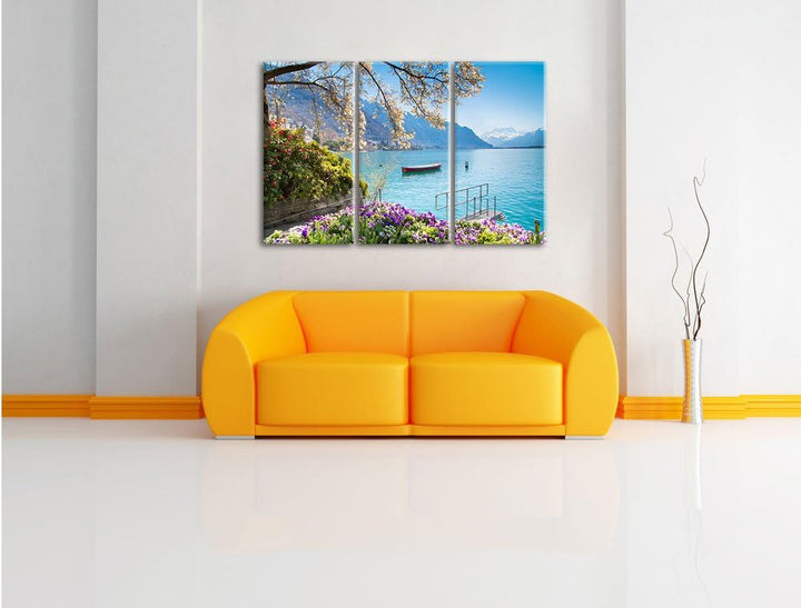 Pixxprint Genfer See im Sonnenschein als Leinwandbild | Grösse: 3 Teilig (120x80) | Wandbild| Kunstd