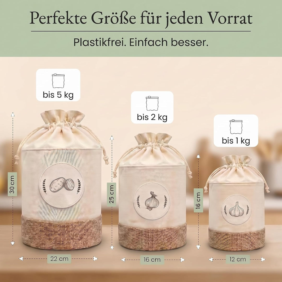 Valora® Kartoffel Aufbewahrungsbox 3er Set - Stoffbeutel für Kartoffeln, Zwiebel und Knoblauch Aufbe