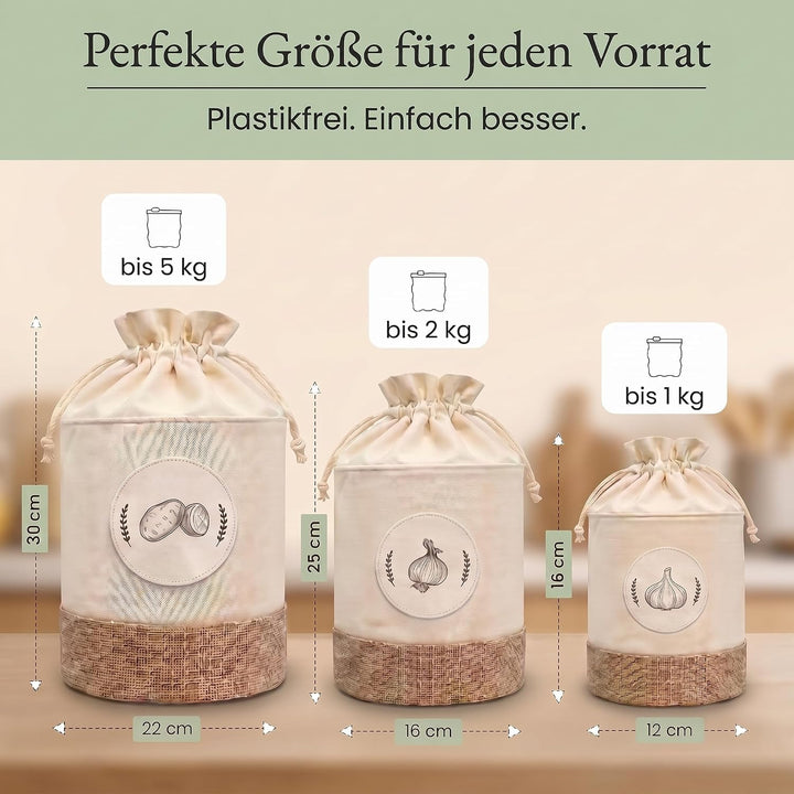 Valora® Kartoffel Aufbewahrungsbox 3er Set - Stoffbeutel für Kartoffeln, Zwiebel und Knoblauch Aufbe