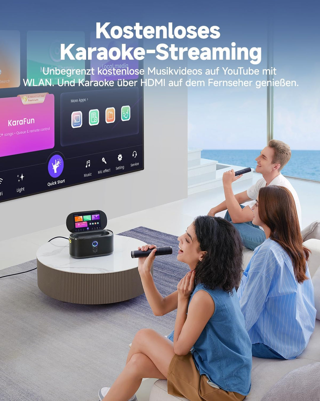Ikarao Karaoke-Maschine mit integriertem Bildschirmdisplay, Bluetooth, kabellosen Mikrofonen & Party