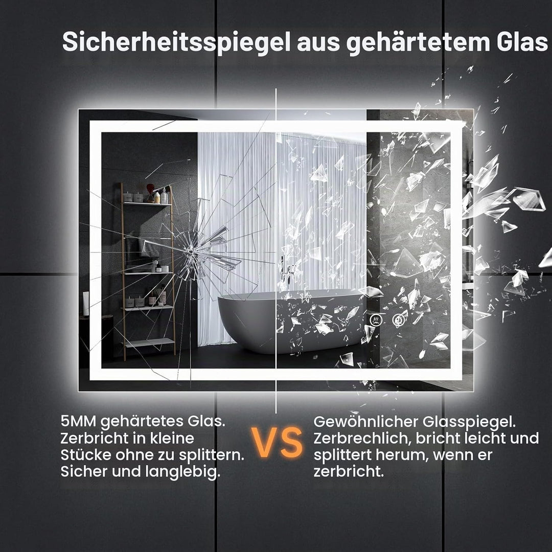 Spiegel Mit Beleuchtung,80x60 cm Badspiegel Mit Beleuchtung Mit Touch-Schalter Beschlagfrei, 3 Licht