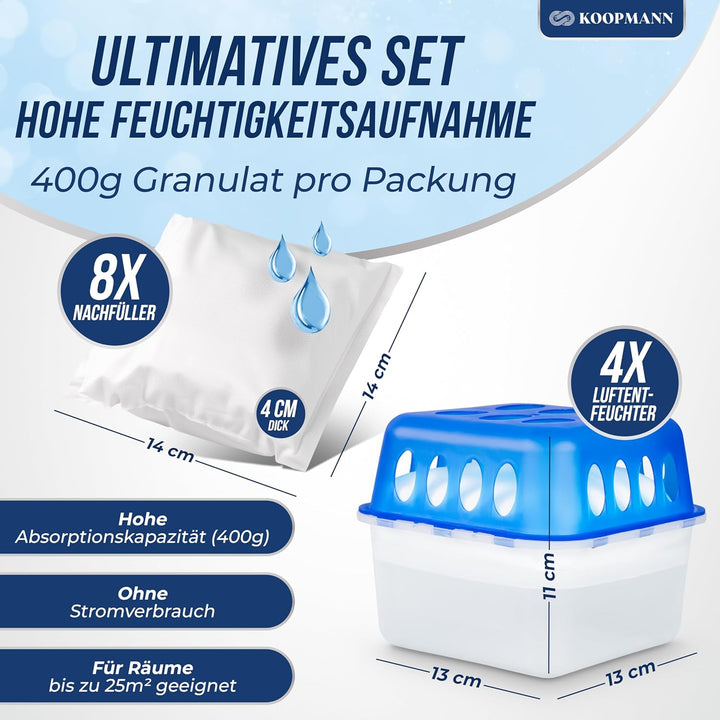 4x Luftentfeuchter ohne Strom - Raumentfeuchter mit 8 x 400g Nachfüll-Beutel Granulat für Küche, Bad