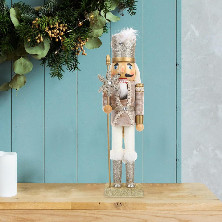 SAFIGLE Nussknacker Figur aus Holz 38cm Weihnachtsdekoration mit Goldfarbenem Schneekönig Handbemalt