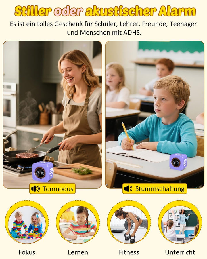 Pomodoro Timer Cube, Visueller Würfel-Timer für Kinder, Digitale LED Drehbarer Timer mit 5/10/25/50