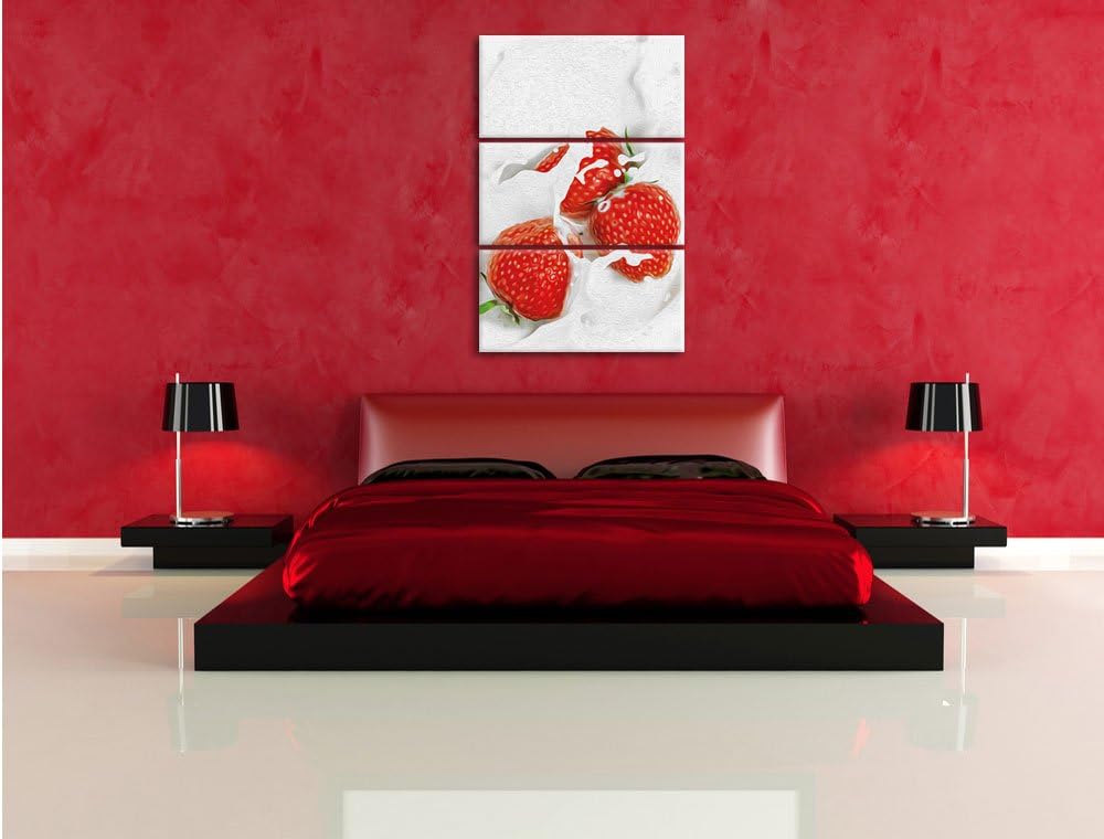 Pixxprint leckere Erdbeeren Schwimmen in Milch als Leinwandbild/Grösse: 3 Teilig (120x80) cm/Wandbil