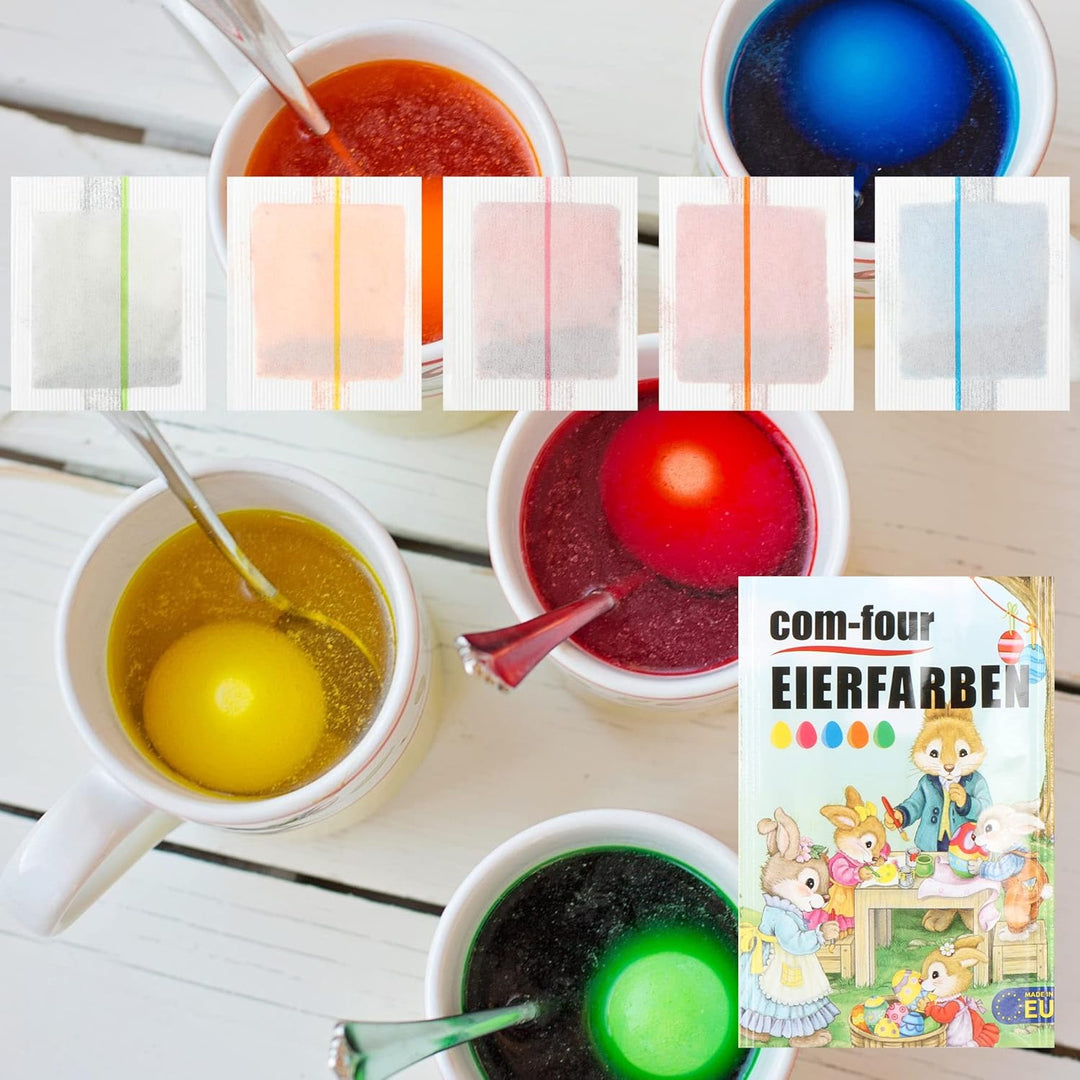 com-four® 4X Bunte Bastkörbe und Eierfarben als Dekoration zu Ostern - Osternest in tollen Farben -