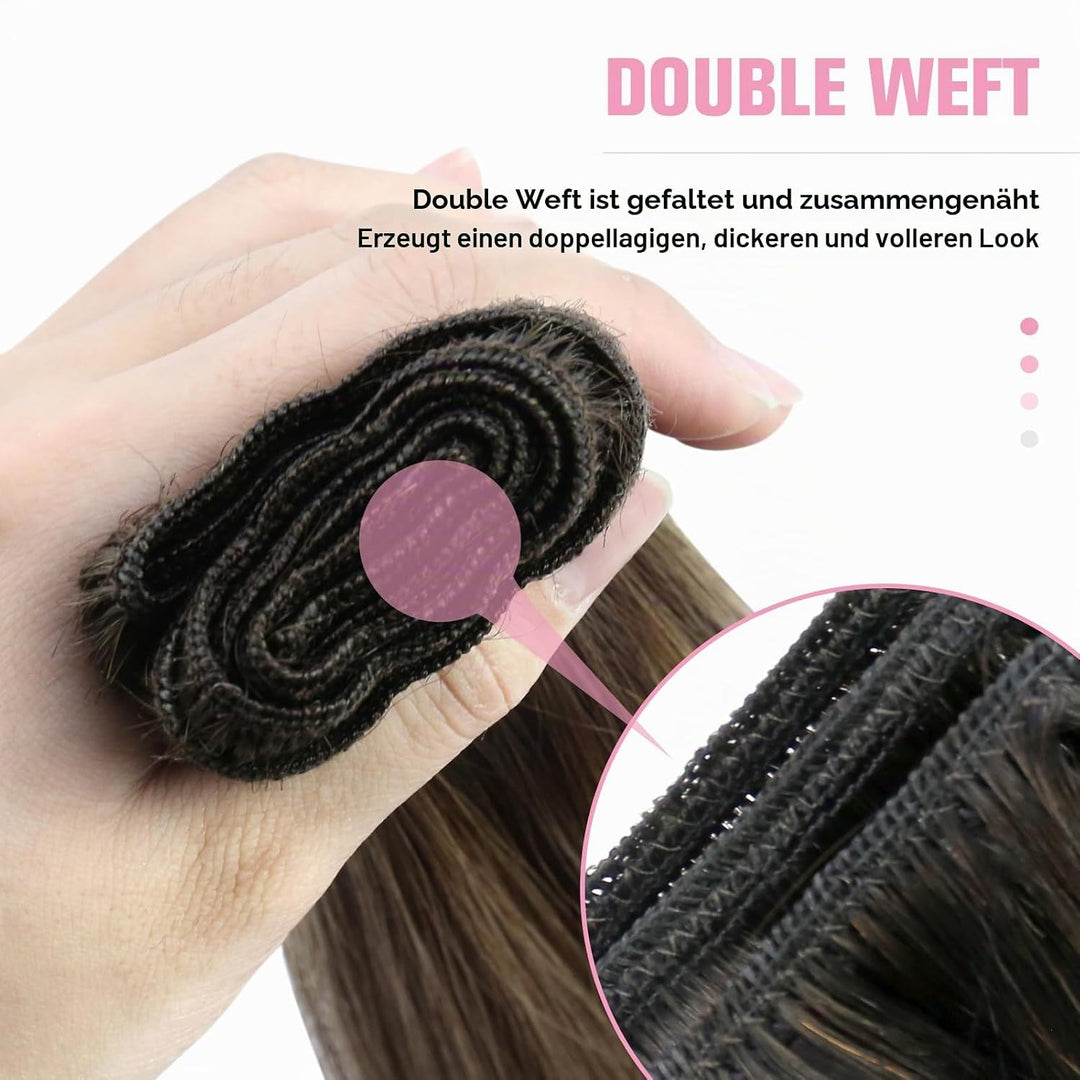YoungSee Echthaar Tressen Ombre Tressen Echthaar zum Einnahen 45cm Haartressen Echthaar Dunkelbraun