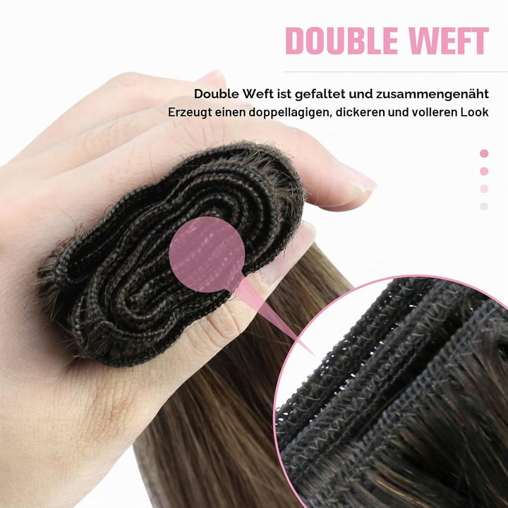 YoungSee Echthaar Tressen Ombre Tressen Echthaar zum Einnahen 45cm Haartressen Echthaar Dunkelbraun