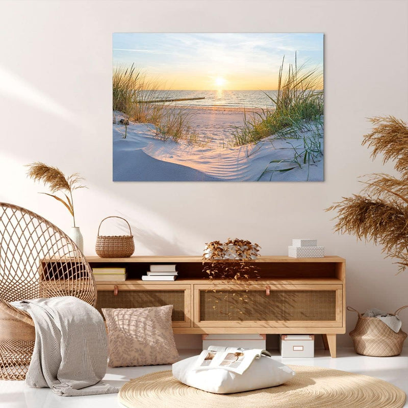 Bilder auf Leinwand 100x70cm Leinwandbild mit Rahmen Düne Strand Meer Gross Wanddeko Bild Schlafzimm