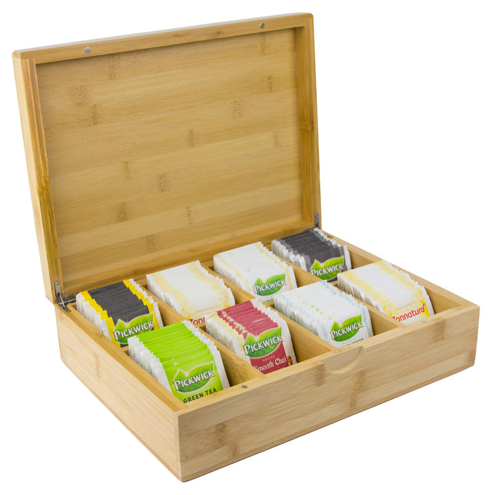 Tee Box aus Bambus mit 8 Staufächern für 160 Teebeutel [23x30x9cm] | Bio Bambus Tee-Box | Teebeutelb