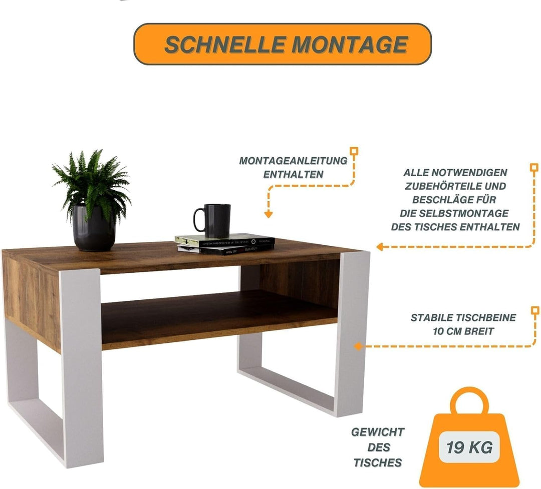 CraftPAK Wohnzimmer Tisch für Couch aus hochwertigem Holz, moderner Couchtisch mit zusätzlicher Abla