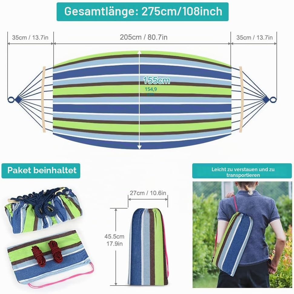 Hängematte Outdoor Camping Hängematte mit gebogener Holzstange, Befestigungsgurte und Tragetasch für