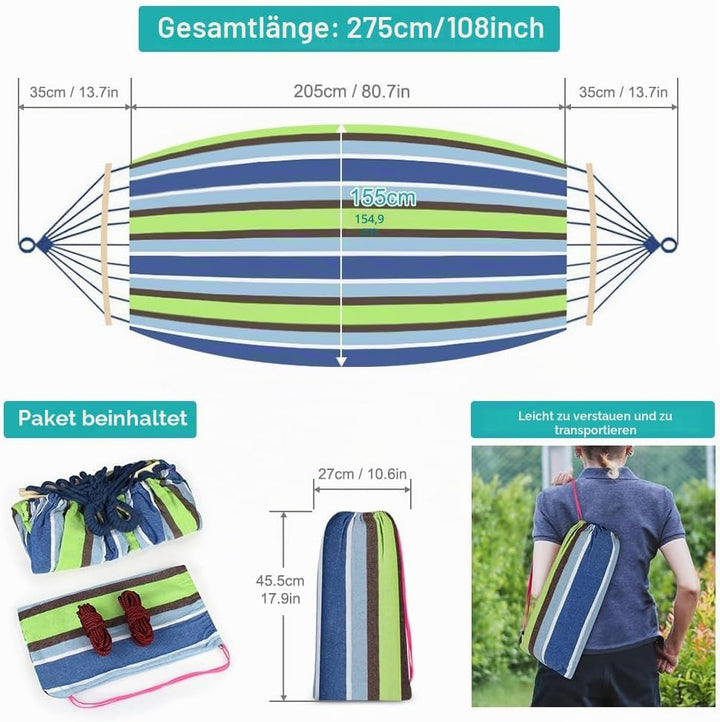 Hängematte Outdoor Camping Hängematte mit gebogener Holzstange, Befestigungsgurte und Tragetasch für