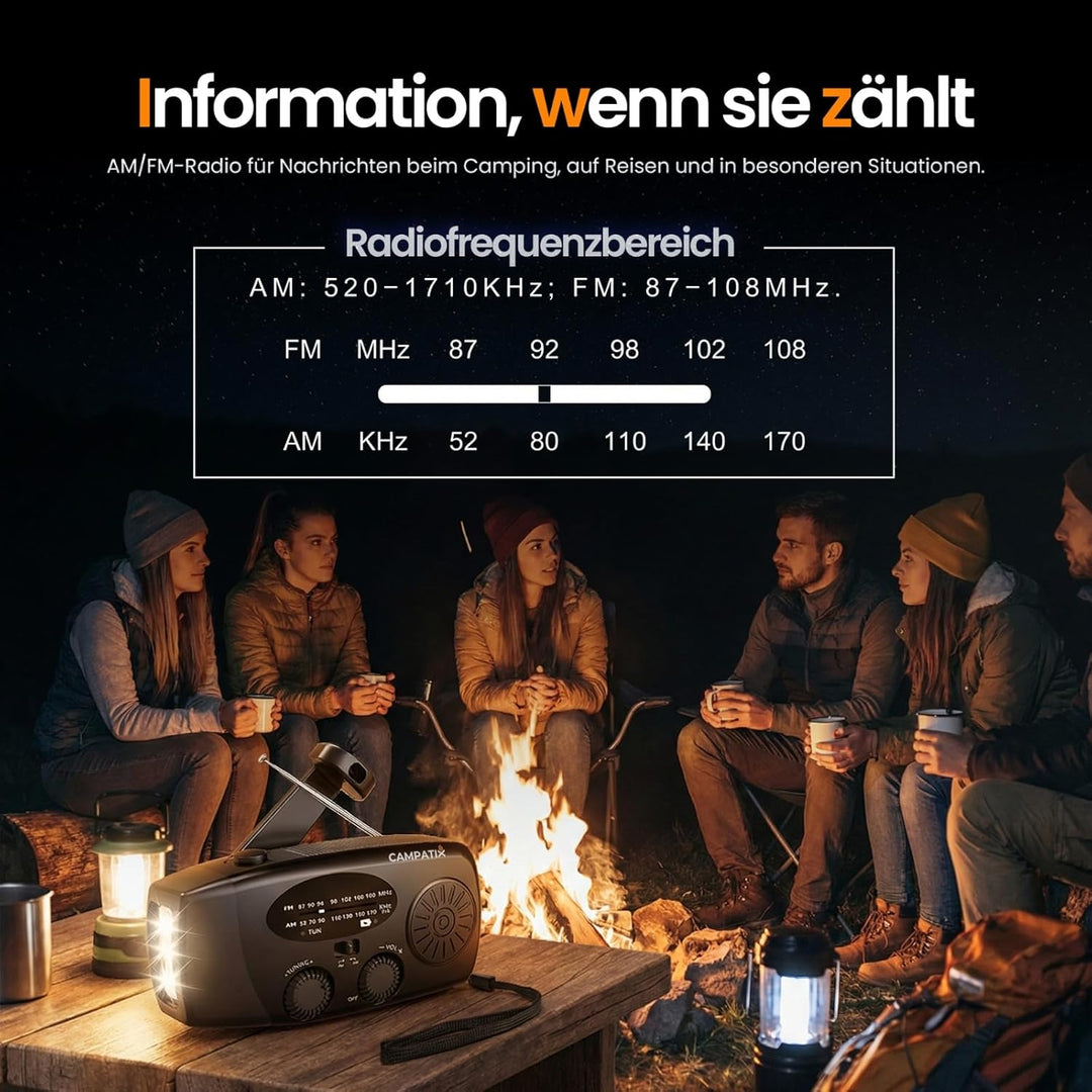 CAMPATIX Notfallradio mit 2000 mAh Solar-Powerbank, AM/FM Radio, USB-Ladung, LED, Taschenlampe, Hand