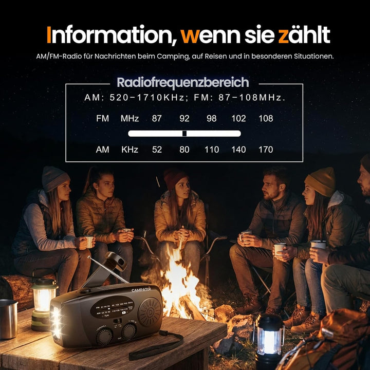 CAMPATIX Notfallradio mit 2000 mAh Solar-Powerbank, AM/FM Radio, USB-Ladung, LED, Taschenlampe, Hand
