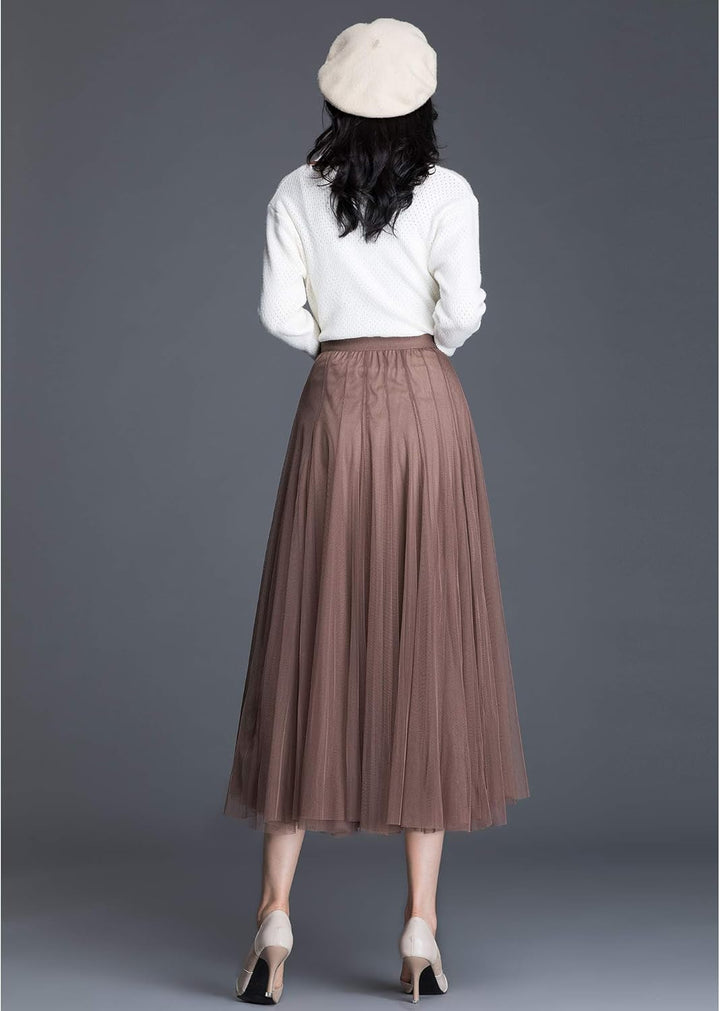 Damen Tüllrock Midi Faltenrock Hoher Bund Schick Rock Elastisch Taille Drapiert Stoff, Braun