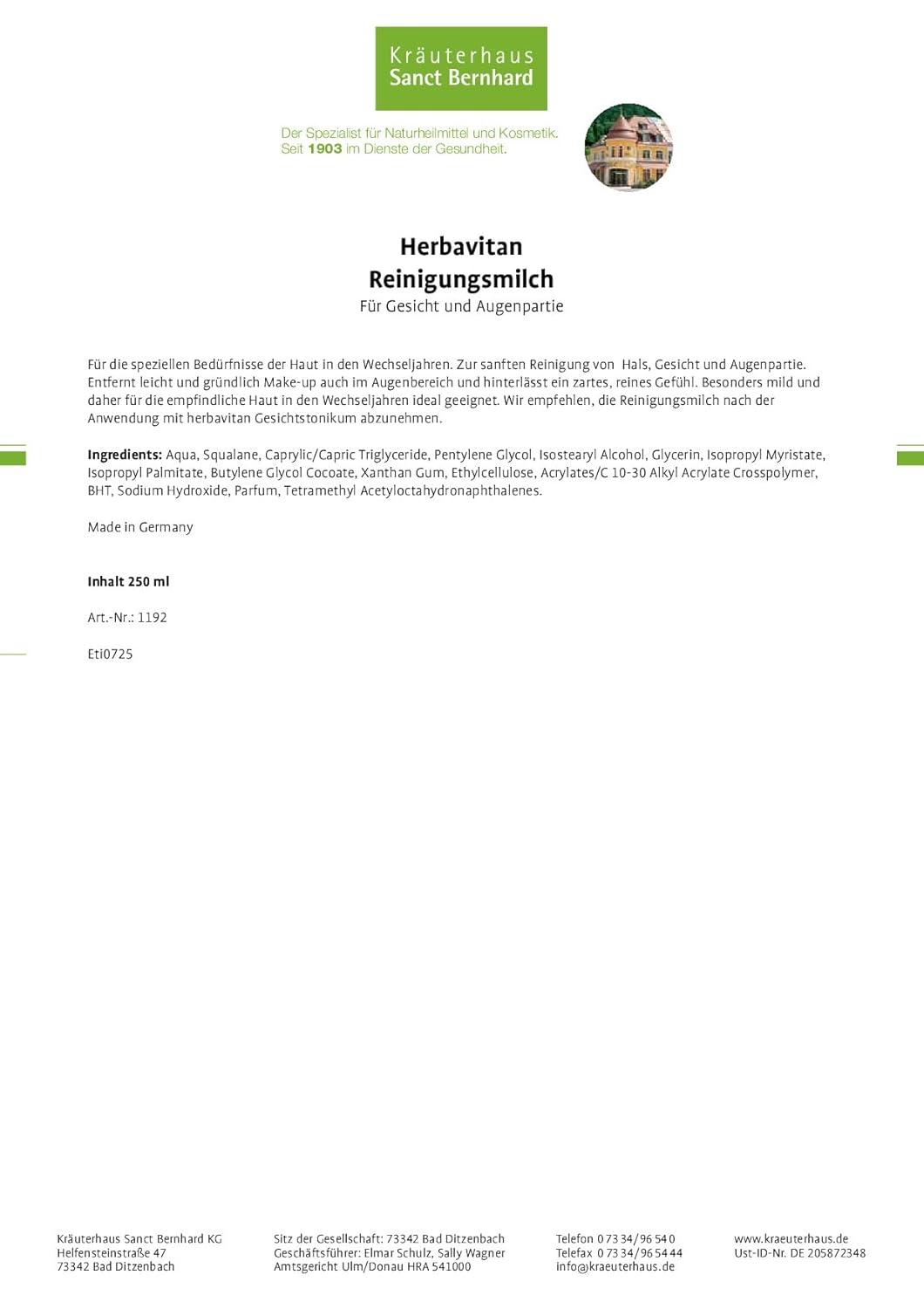 Sanct Bernhard Herbavitan femme Set Tages-, Nachtcreme, Reinigungsmilch und Gesichtstonikum 4 Stück