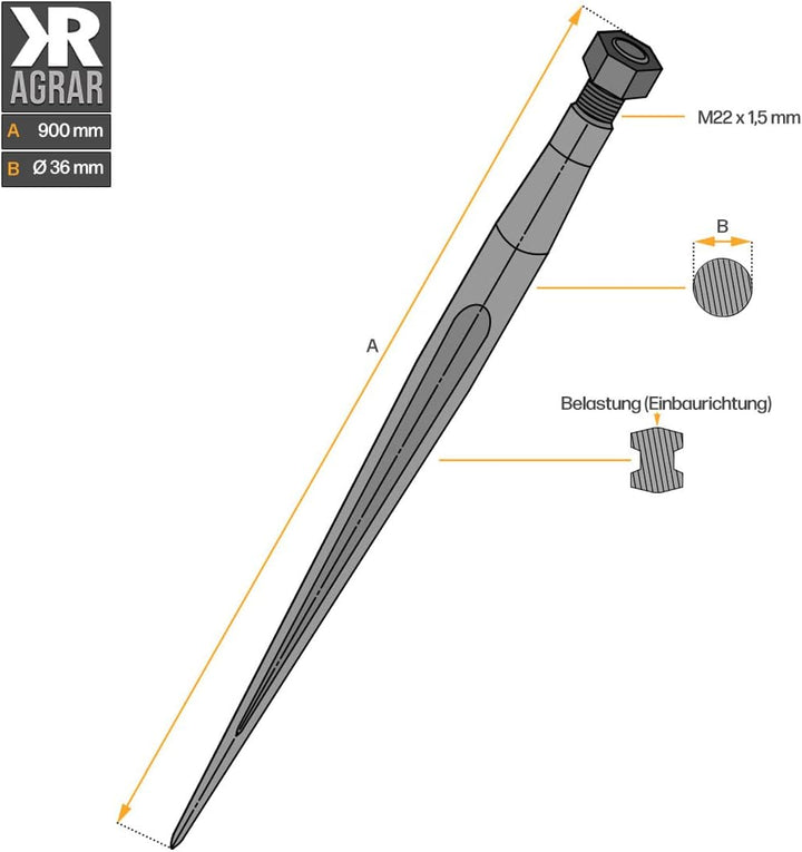 Frontladerzinken | 900 mm | M22 Gewinde | von SHW | Grossballenzinken | Zinken | Frontladerspiess |