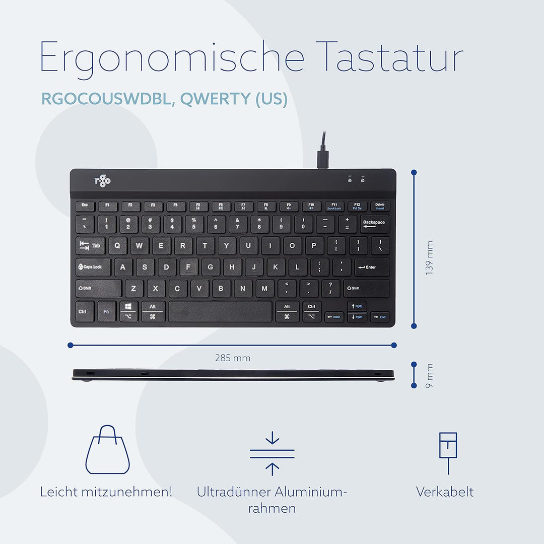 R-Go Compact Break Tastatur, QWERTY US Layout, Mit Pausenanzeige, Ergonomische flaches Design, Kabel