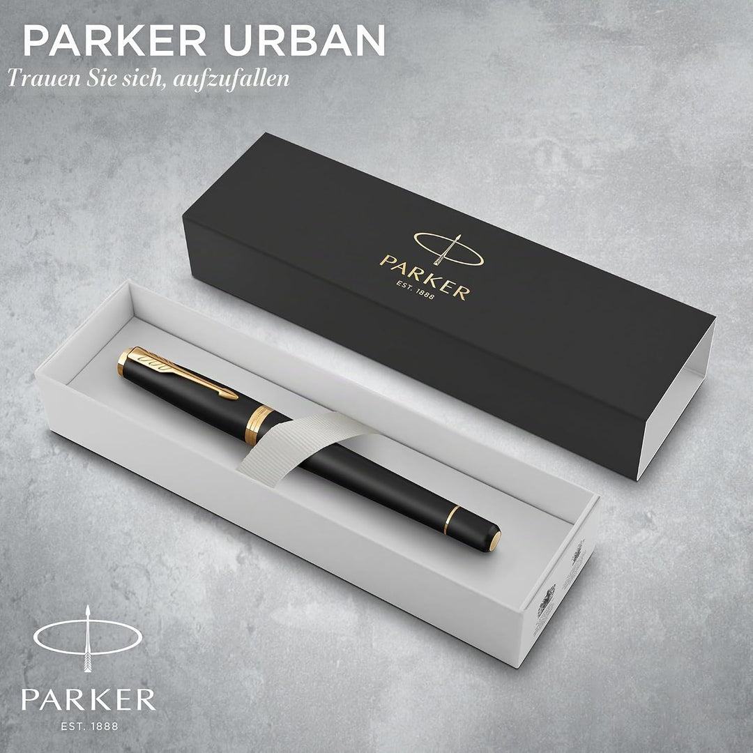 Parker Urban Füller | Muted Black mit Goldzierteilen | Füllfederhalter mit feiner Feder und blauer T