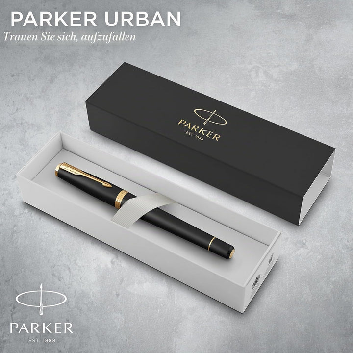 Parker Urban Füller | Muted Black mit Goldzierteilen | Füllfederhalter mit feiner Feder und blauer T