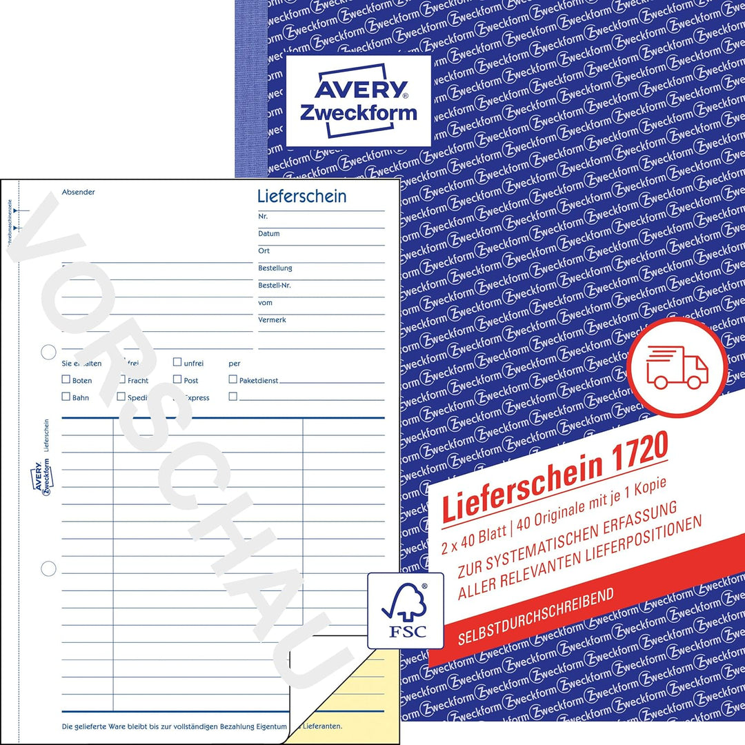 AVERY Zweckform 1720-10 Lieferschein (A5, selbstdurchschreibend, 2x40 Blatt) 10er Pack weiss/gelb