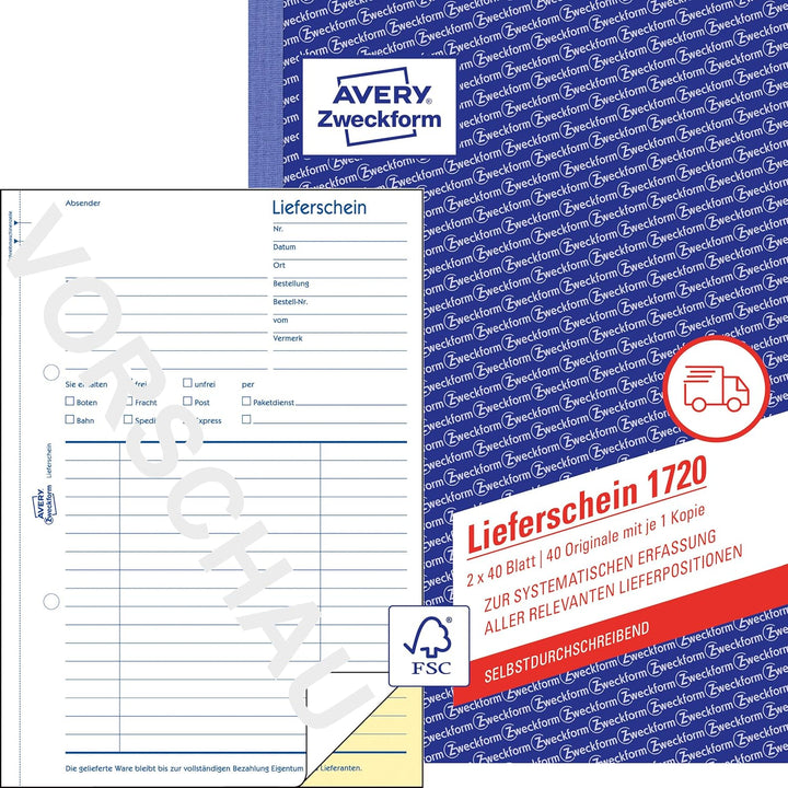 AVERY Zweckform 1720-10 Lieferschein (A5, selbstdurchschreibend, 2x40 Blatt) 10er Pack weiss/gelb