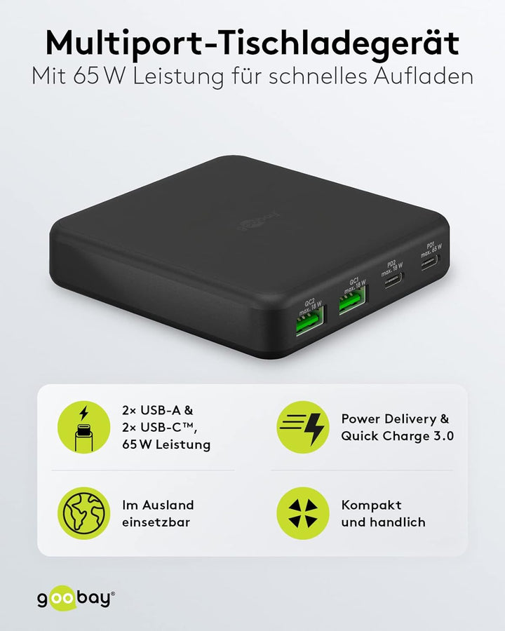 goobay 61772 Multiport 4-Fach USB-C Ladegerät mit 65W Leistung/lädt mehrere Geräte gleichzeitig über