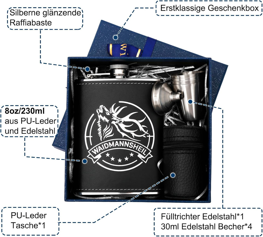 LILABIENE Jäger Flachmann Geschenk Set mit Gravur 304 Edelstahl 230ml | Mit Lederbezug, Mit Geschenk