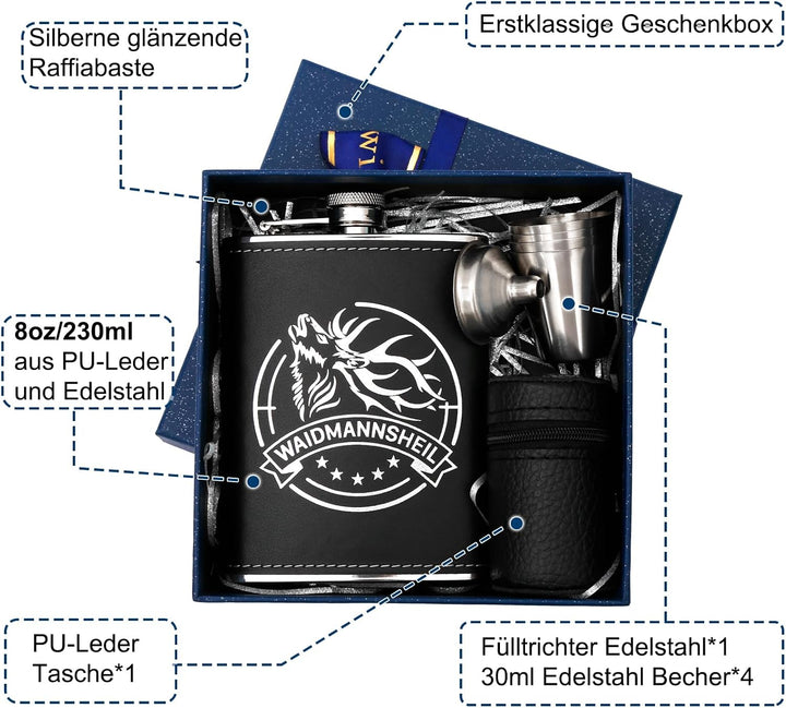 LILABIENE Jäger Flachmann Geschenk Set mit Gravur 304 Edelstahl 230ml | Mit Lederbezug, Mit Geschenk