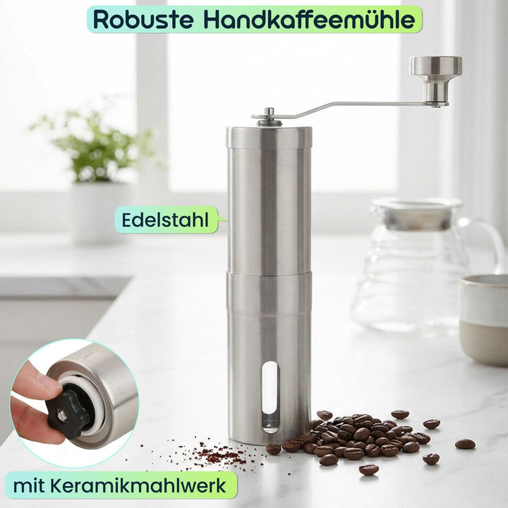 ideoon Robuste Handkaffeemühle Edelstahl mit Keramikmahlwerk, stufenlose Mahlgrad-Einstellung, abneh