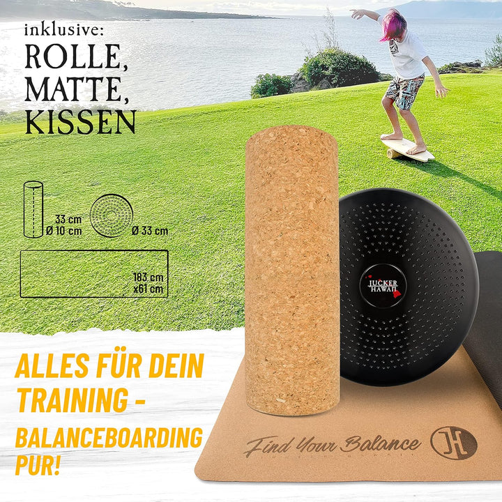 JUCKER HAWAII Balanceboards aus Echtholz Balanceboard Set XL mit Korkrolle Matte und Balance Kissen