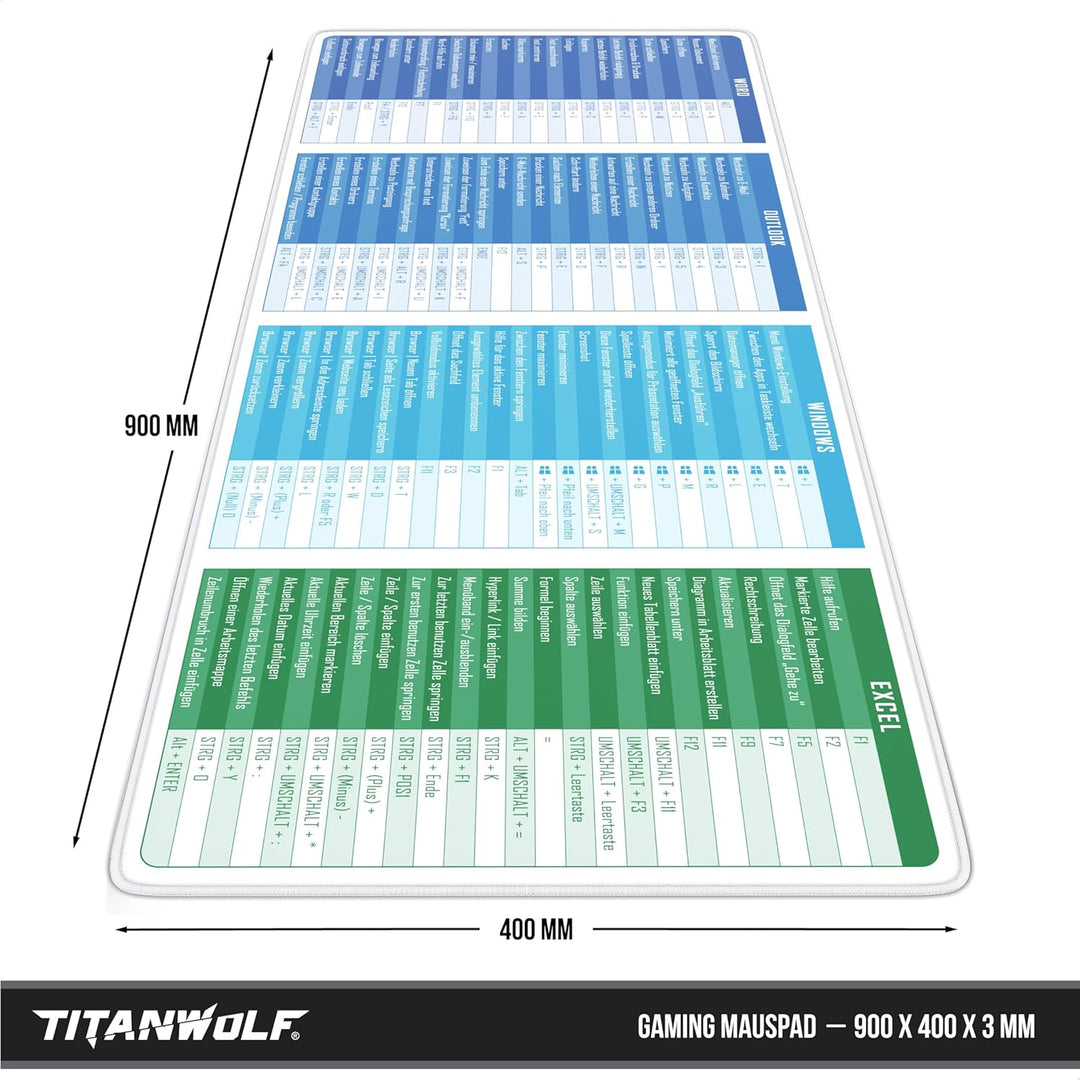 TITANWOLF - XXL Speed Gaming Mauspad 900 x 400mm - Excel Windows Outlook Word Shortcut Tastenkürzel
