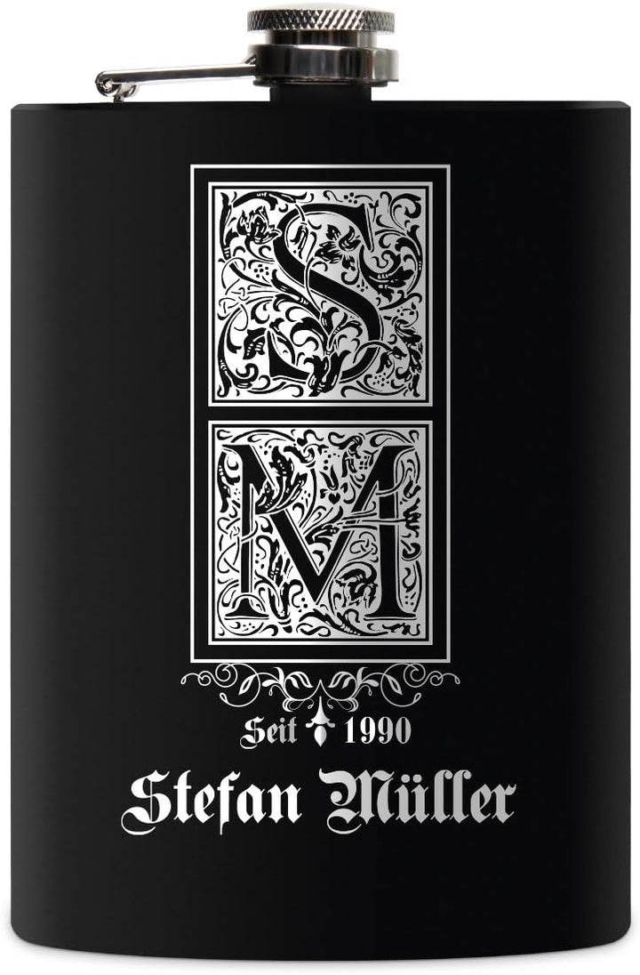 Flachmann Edelstahl Schwarz Matt 237 ml 8 oz individuelle Gravur in Silber - Verzierte Initialen, Ve