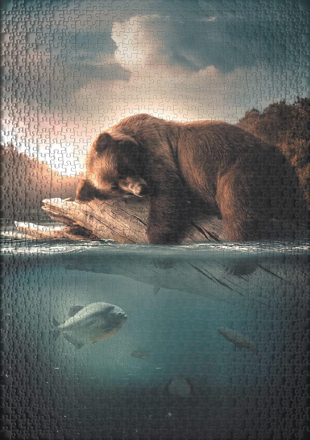 Ulmer Puzzleschmiede - Puzzle „Silent River“ - Illusorisches 1000 Teile Wildlife-Puzzle – Der Bär un