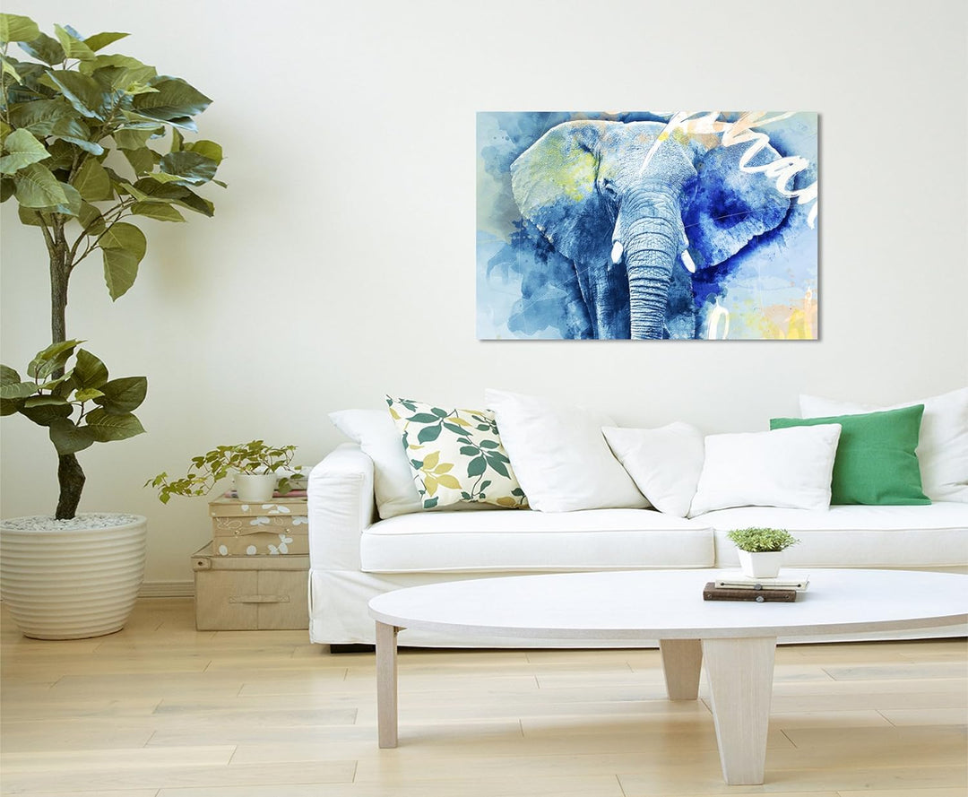 Paul Sinus Art Bild Leinwand 120x80cm Mächtiger Elefant in Blautönen mit Kalligraphie, 120x80cm