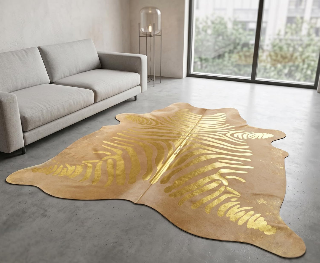 Kuhfell Stierfell Teppich Zebra Gold Devore ca. 210 x 180 cm aus Brasilien Kuhfell mit Zebra Prägung