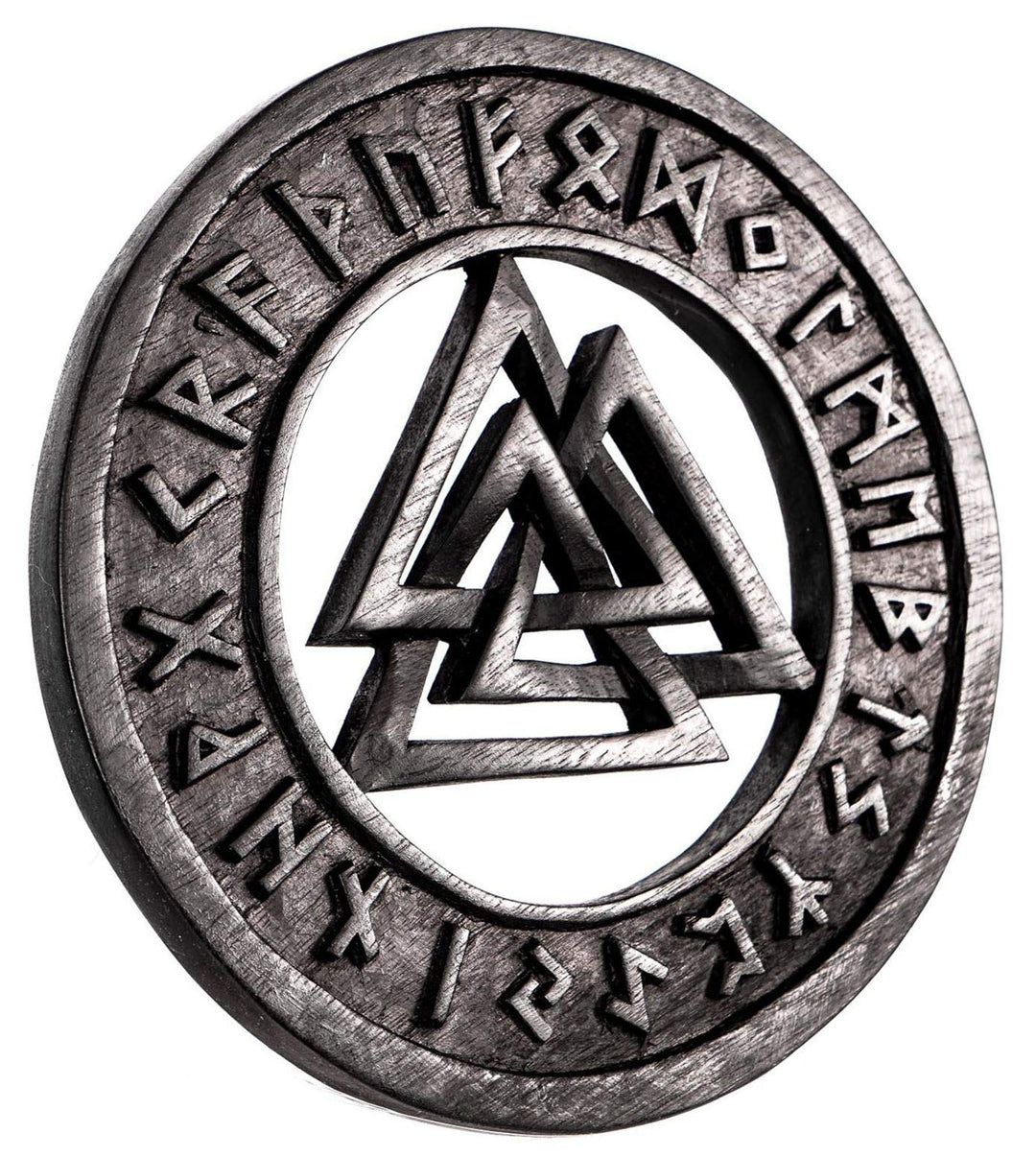 Windalf Schwarzes Vikings Holzbild VALKNUT Ø 23 cm Wotansknoten mit Runen Wikinger Wanddeko Wandreli
