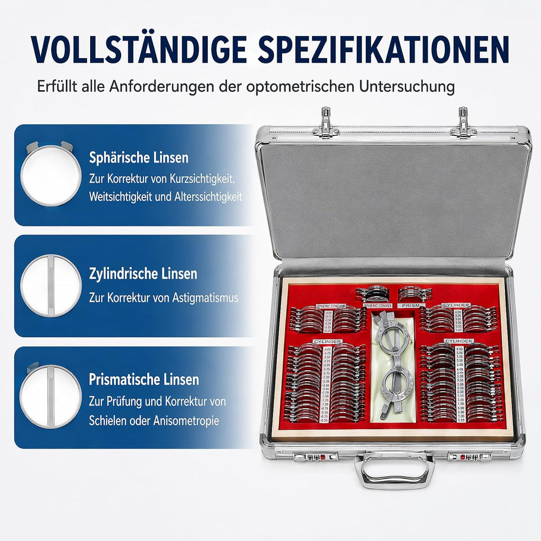 104Pcs Testlinsen-Set, 38x27x6cm Optisch Messbrille Linse Augenoptiker Metal Optometry Optical Trial