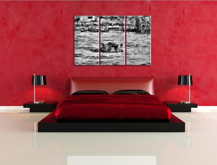Pixxprint Monocrome, schwimmendes Flusspferd 3-Teiler Leinwandbild 120x80 Bild auf Leinwand