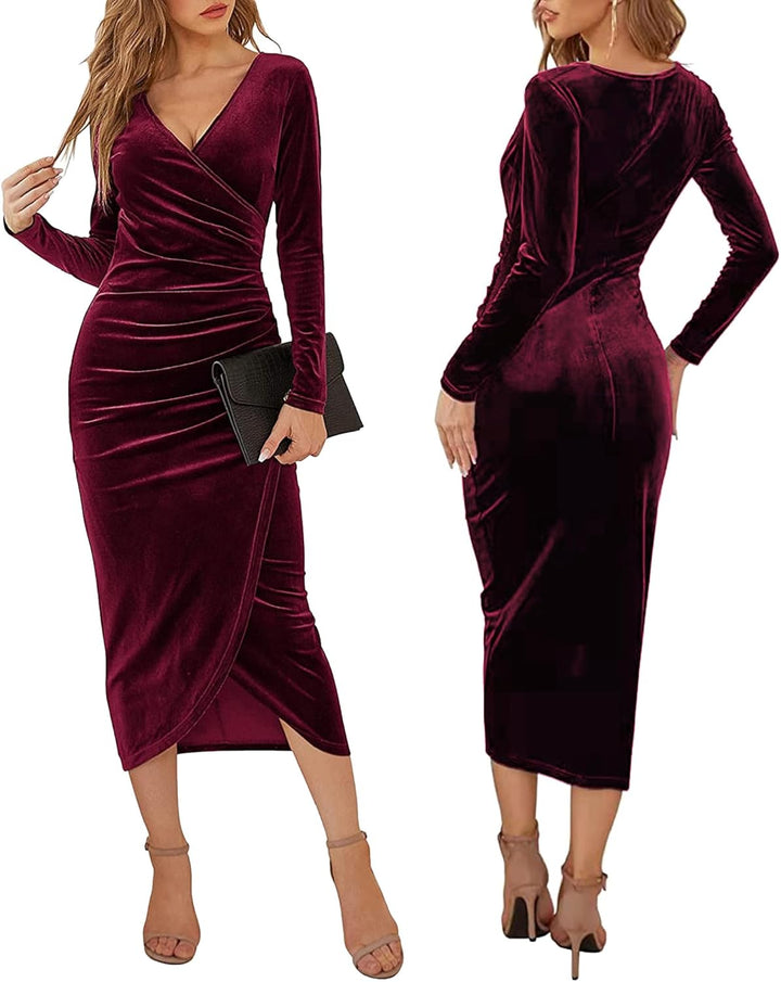 Yutdeng Kleid Lang Damen Elegant Partykleid Samt V Ausschnitt Cocktailkleid Abendkleid Bodycon Kleid