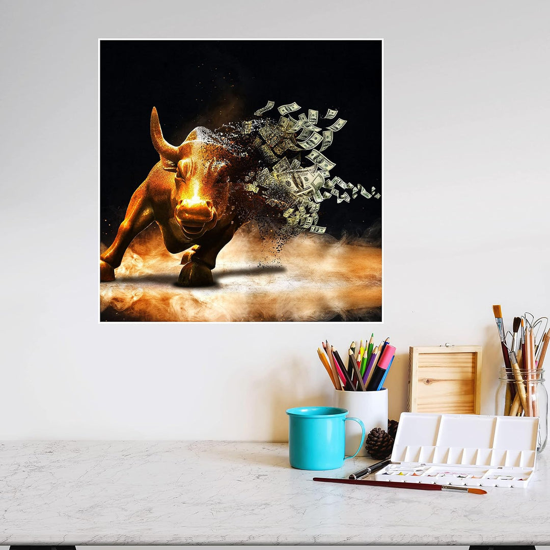 wandmotiv24 Poster als Wanddeko, Grösse 50x50cm, Goldener Stier, Dollar, Geldscheine, Geld, Tier, Mo