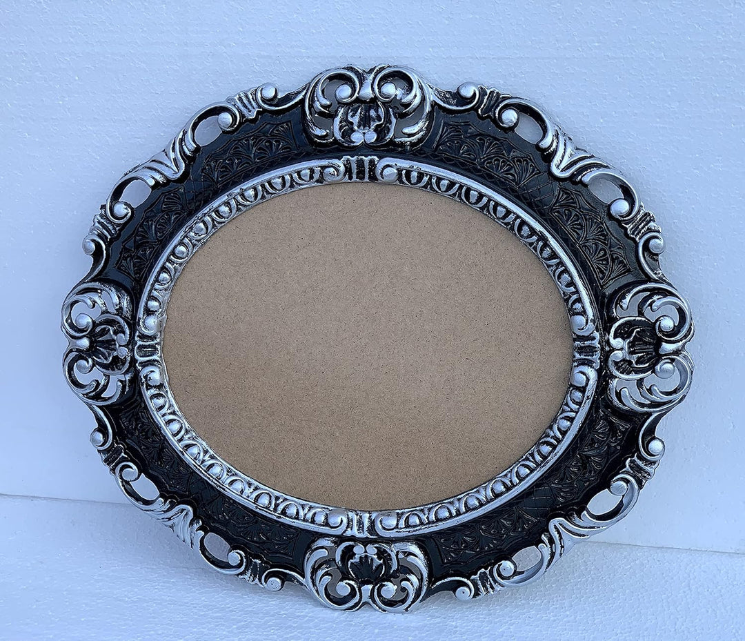Bilderrahmen Barock SCHWARZ Silber Oval mit SCHUTZGLAS Antik Klassik 45x38 Prunk Bilderrahmen 24x30c