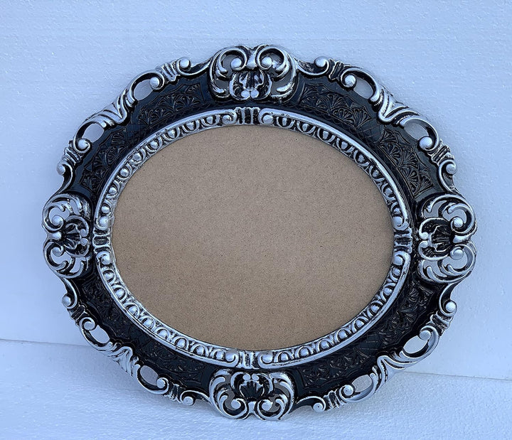Bilderrahmen Barock SCHWARZ Silber Oval mit SCHUTZGLAS Antik Klassik 45x38 Prunk Bilderrahmen 24x30c