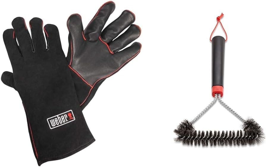 Weber Leder Grillhandschuhe, 1 Paar, extrem hitzebeständig & Three-Sided Grill Brush Dreiseitige Gri