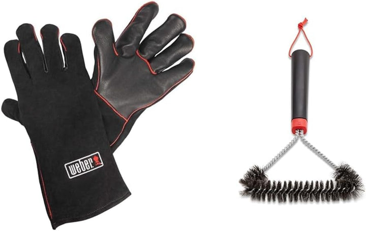 Weber Leder Grillhandschuhe, 1 Paar, extrem hitzebeständig & Three-Sided Grill Brush Dreiseitige Gri