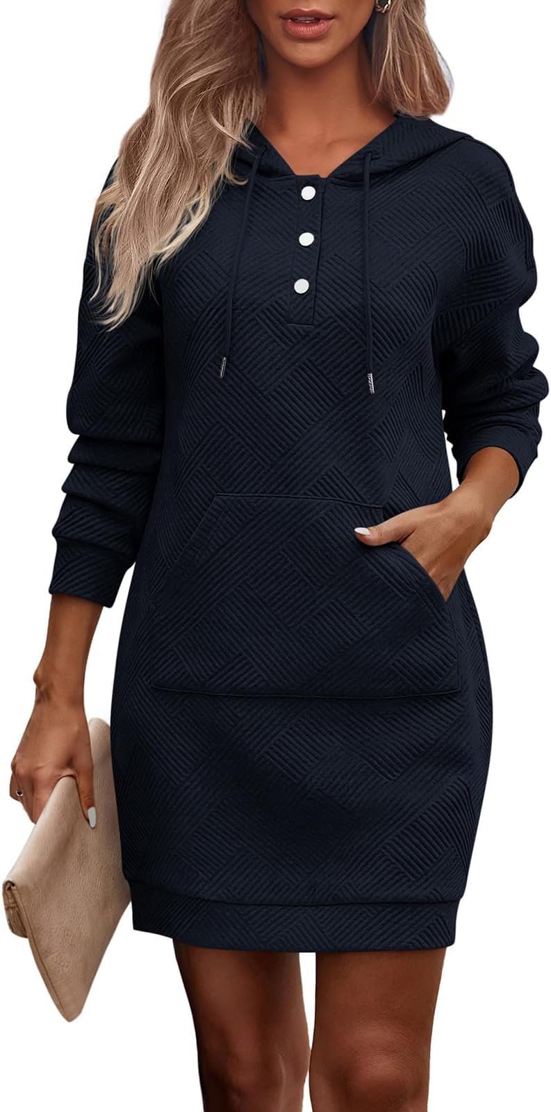 TrendiMax Damen Hoodie Kleid Herbst Übergangs Kapuzenpullover Sweatkleid Textur Knopf Langarm Sweats